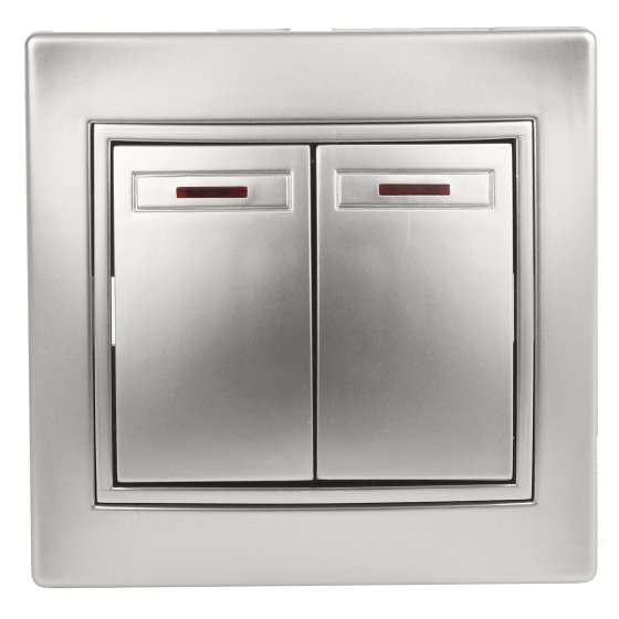 Фотография товара 'Эра Выключатель Intro Plano 1-105-03 двухклавишный с подсветкой, 10А-250В, IP20, СУ, алюминий Б0053777'