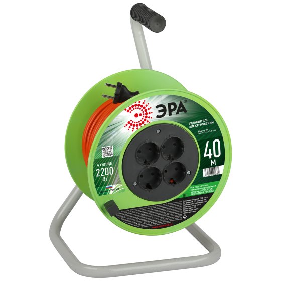Фотография товара 'Эра Удлинитель силовой RP-4-2x1.0-40m на пластиковой катушке без заземления 4 розетки 40м ПВС 2х1мм2 Б0059783'