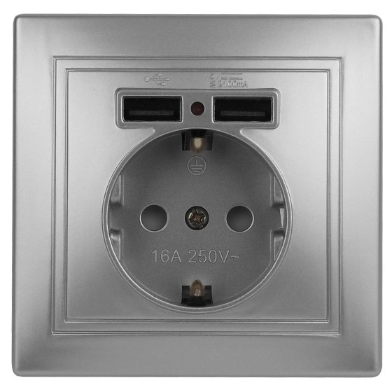 Фотография товара 'Эра Розетка Intro Plano 1-410-03 с заземлением 2P+E Schuko со шторками, 16А-250В + 2хUSB 5В-2,1А, IP20, СУ, алюминий Б0053944'