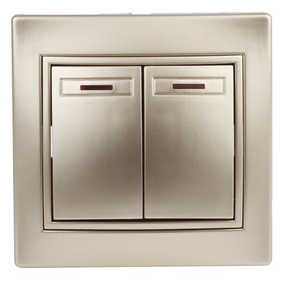 Фотография товара 'Эра Выключатель двойной с подсветкой, 10А-250В, IP20, СУ, Plano, шампань (10/200/2400) Б0030047'