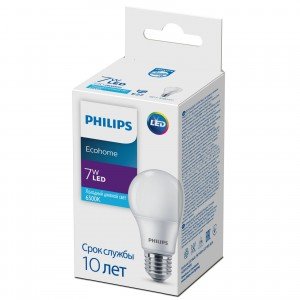 Фотография товара 'Эра Лампочка светодиодная Philips Ecohome LED A60 7Вт 6500К Е27/E27 груша матовая,Б0054025'