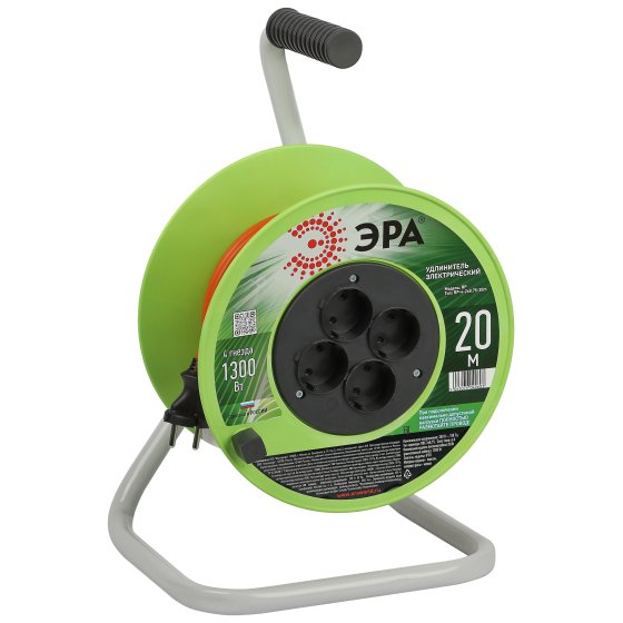 Фотография товара 'Эра Удлинитель силовой RP-4-2x0.75-20m на пластиковой катушке без заземления 4 розетки 20м ПВС 2х0,75мм2 Б0059779'