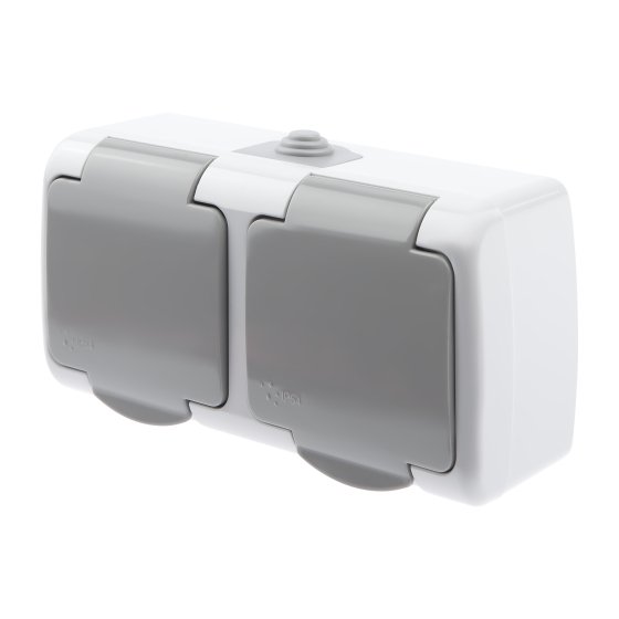 Фотография товара 'Эра Розетка Intro Atlantic 5-203-03 двойная с заземлением 2х2P+E Schuko, 16А-250В, IP54, открытой установки, серый Б0051060'