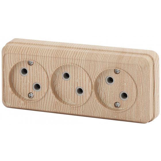 Фотография товара 'Эра Розетка Intro Quadro 2-205-11 без заземления трехместная 3х2P, 16А-250В, IP20, ОУ, сосна Б0053817'