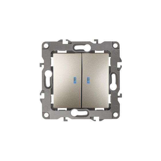 Фотография товара 'Эра Выключатель двойной с подсветкой, 10АХ-250В, Эра12, шампань Б0014660'