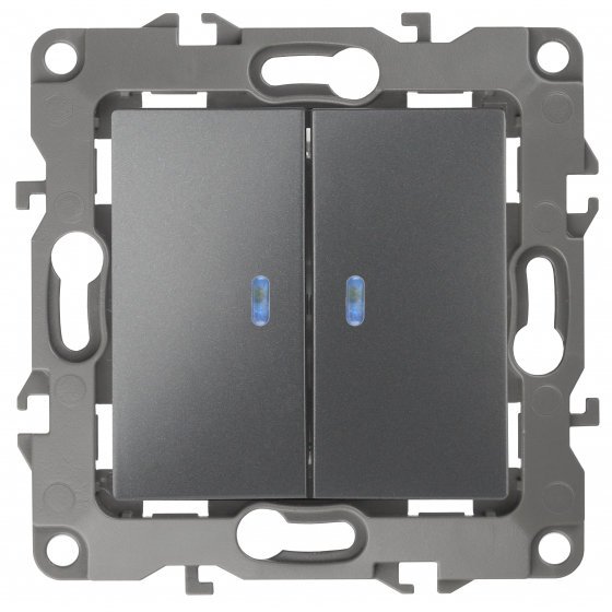 Фотография товара 'Эра Выключатель двойной с подсветкой, 10АХ-250В, Эра12, графит Б0019291'