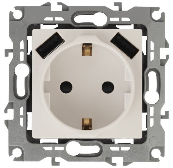 Фотография товара 'Эра Розетка 2P+E 16A-250В, штор. с 2xUSB 5В-3А, Эра12, слоновая кость Б0047841'