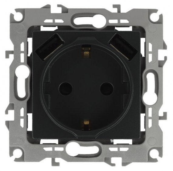 Фотография товара 'Эра Розетка 2P+E 16A-250В, штор. с 2xUSB 5В-3А, Эра12, антрацит Б0047844'