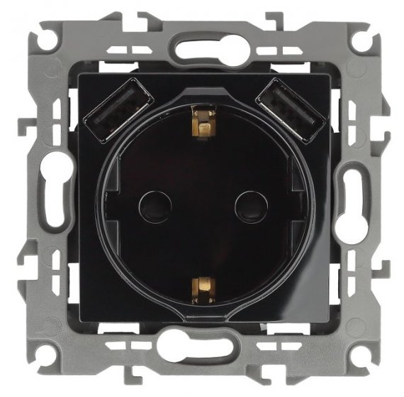 Фотография товара 'Эра Розетка 2P+E 16A-250В, штор. с 2xUSB 5В-3А, Эра12, чёрный Б0047845'