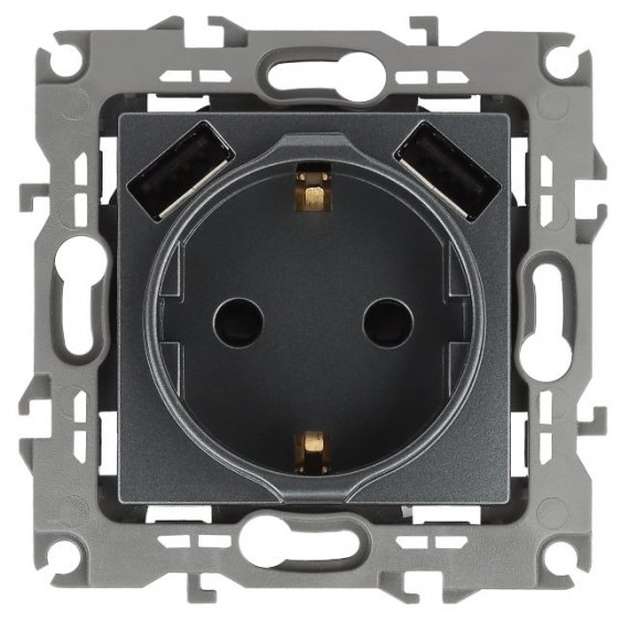 Фотография товара 'Эра Розетка 2P+E 16A-250В, штор. с 2xUSB 5В-3А, Эра12, графит Б0047846'