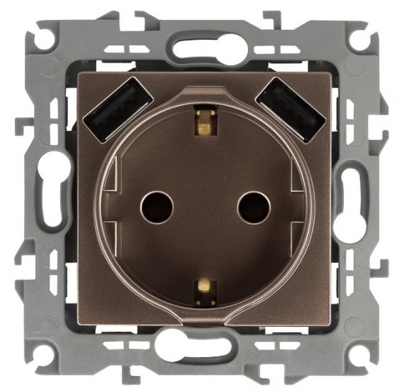 Фотография товара 'Эра Розетка 2P+E 16A-250В, штор. с 2xUSB 5В-3А, Эра12, бронза Б0047847'