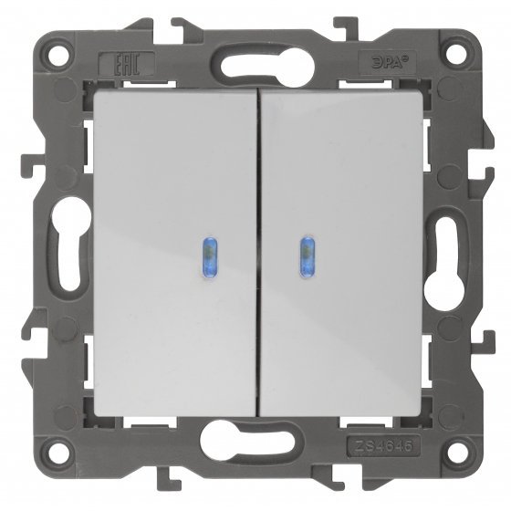 Фотография товара 'Эра Выключатель двойной с подсветкой, 10АХ-250В, Эра Elegance, белый Б0034237'