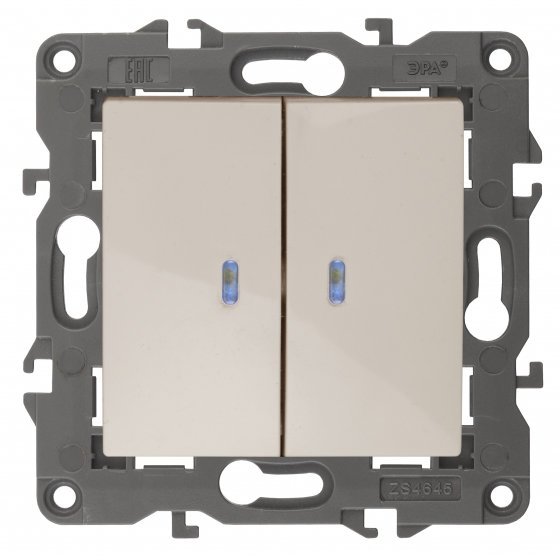 Фотография товара 'Эра Выключатель двойной с подсветкой, 10АХ-250В, Эра Elegance, сл.кость Б0034238'