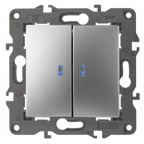 Фотография товара 'Эра Выключатель двойной с подсветкой, 10АХ-250В, Эра Elegance, алюминий Б0034239'