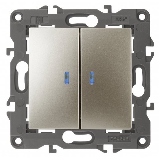 Фотография товара 'Эра Выключатель двойной с подсветкой, 10АХ-250В, Эра Elegance, шампань Б0034240'