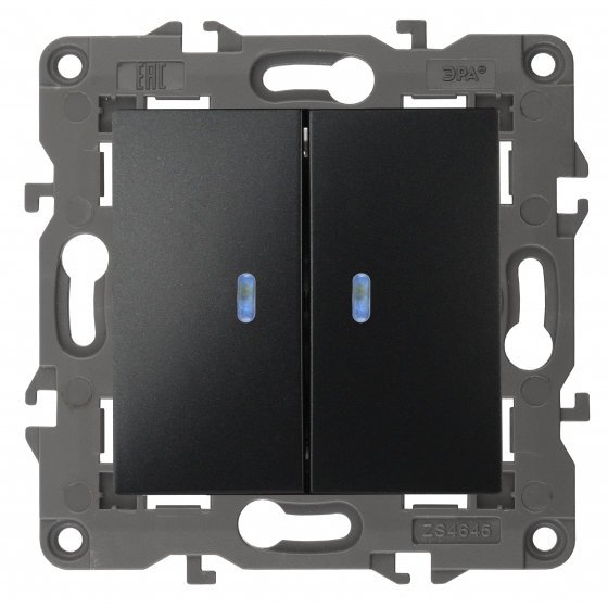 Фотография товара 'Эра Выключатель двойной с подсветкой, 10АХ-250В, Эра Elegance, антрацит Б0034241'