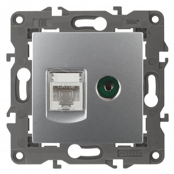 Фотография товара 'Эра Розетка RJ45+TV, Эра Elegance, алюминий Б0034316'