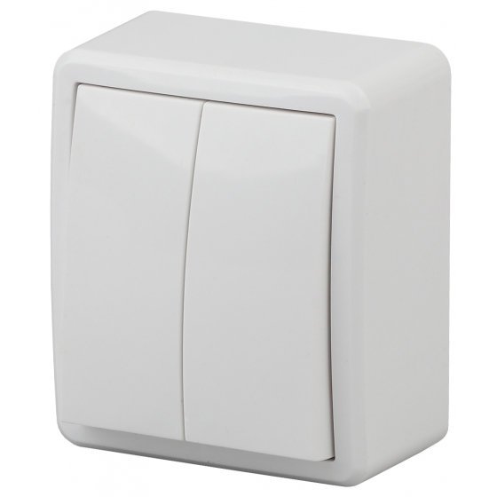 Фотография товара 'Эра Выключатель двойной с подсветкой, 10АХ-250В, ОУ, Эра Эксперт, белый Б0020666'