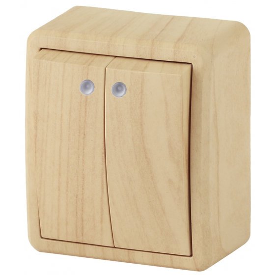 Фотография товара 'Эра Выключатель двойной с подсветкой, 10АХ-250В, ОУ, Эра Эксперт, сосна Б0020668'