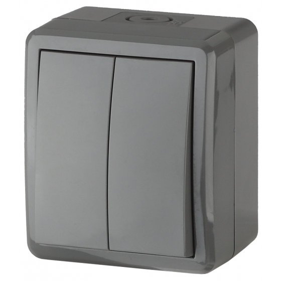 Фотография товара 'Эра Выключатель двойной IP54, 10АХ-250В, ОУ, Эра Эксперт, серый Б0020676'