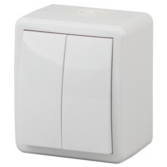 Фотография товара 'Эра Выключатель двойной с подсветкой IP54, 10АХ-250В, ОУ, Эра Эксперт, белый Б0020677'