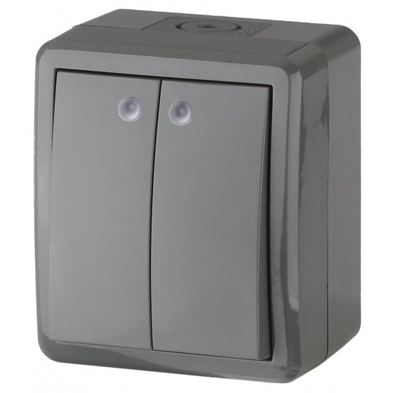 Фотография товара 'Эра Выключатель двойной с подсветкой IP54, 10АХ-250В, ОУ, Эра Эксперт, серый Б0020678'