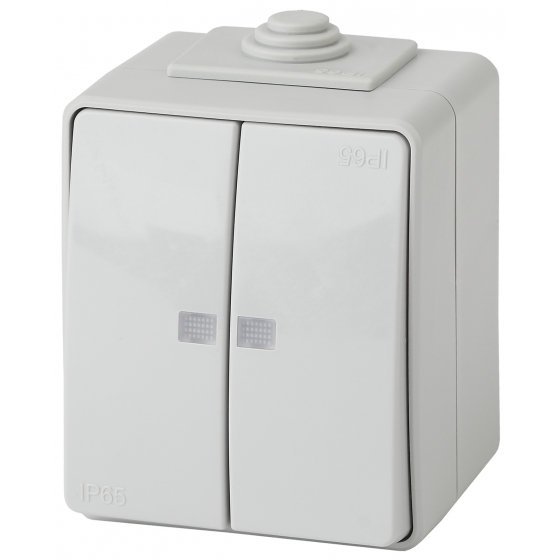 Фотография товара 'Эра Выключатель двойной с подсветкой IP65, 10АХ-250В, ОУ, Эра Эксперт, серый Б0035977'