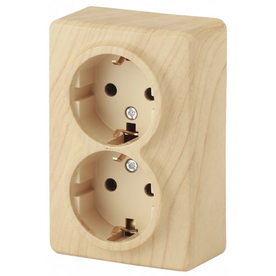Фотография товара 'Эра Розетка 2х2P+E Schuko со шторками, 16АХ-250В, ОУ, Эра Эксперт, сосна Б0020696'