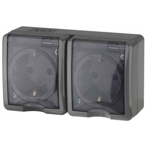 Фотография товара 'Эра Розетка 2х2P+E IP54, 16АХ-250В, ОУ, Эра Эксперт, серый Б0020717'