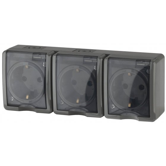 Фотография товара 'Эра Розетка 3х2P+E IP54, шторки, 16АХ-250В, ОУ, Эра Эксперт, серый Б0020723'