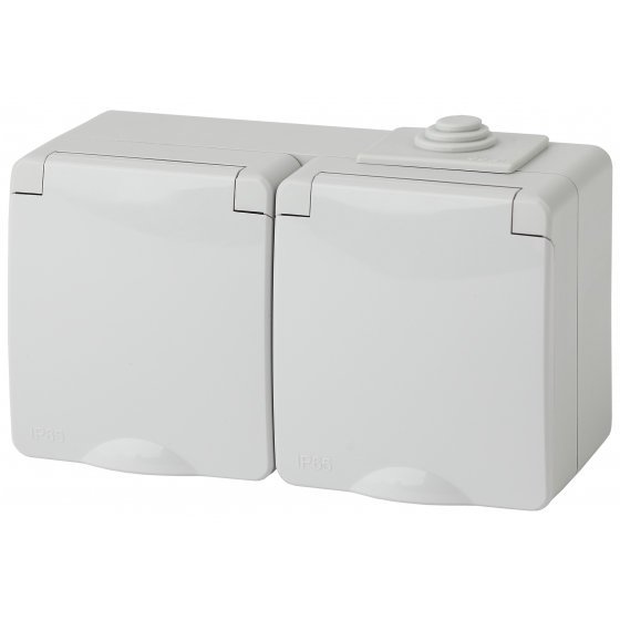 Фотография товара 'Эра Розетка 2х2P+E гориз. IP65, шторки, 16АХ-250В, ОУ, Эра Эксперт, серый Б0035992'