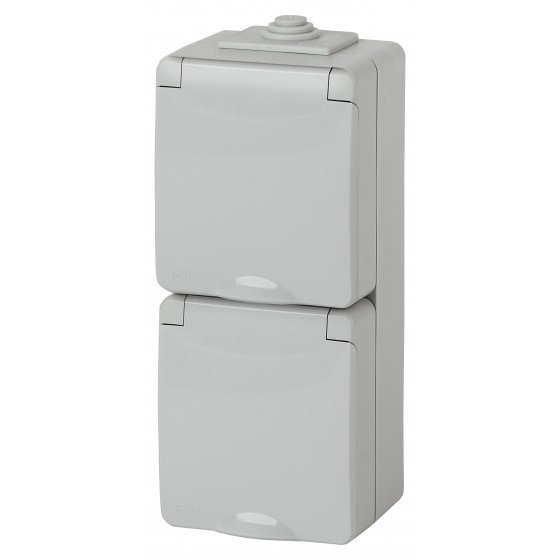 Фотография товара 'Эра Розетка 2х2P+E верт. IP65, 16АХ-250В, ОУ, Эра Эксперт, серый Б0036002'