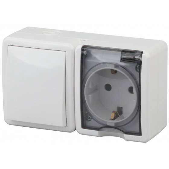 Фотография товара 'Эра Блок розетка+выключатель IP54, 16АХ(10AX)-250В, ОУ, Эра Эксперт, белый Б0020733'