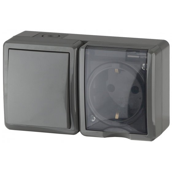 Фотография товара 'Эра Блок розетка+выключатель IP54, 16АХ(10AX)-250В, ОУ, Эра Эксперт, серый Б0020734'