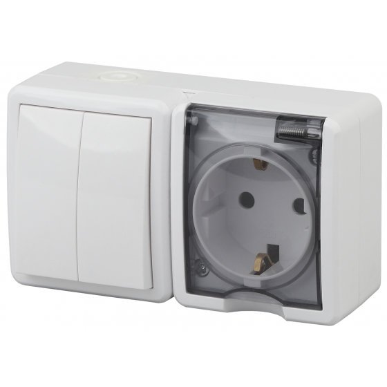 Фотография товара 'Эра Блок розетка+выключатель двойной IP54, 16АХ(10AX)-250В, ОУ, Эра Эксперт, белый Б0020735'