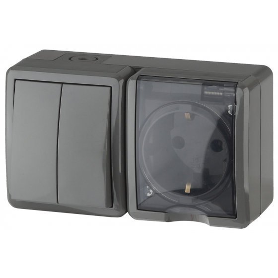 Фотография товара 'Эра Блок розетка+выключатель двойной IP54, 16АХ(10AX)-250В, ОУ, Эра Эксперт, серый Б0020736'