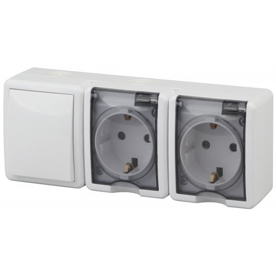 Фотография товара 'Эра Блок две розетки+выключатель IP54, 16АХ(10AX)-250В, ОУ, Эра Эксперт, белый Б0027673'