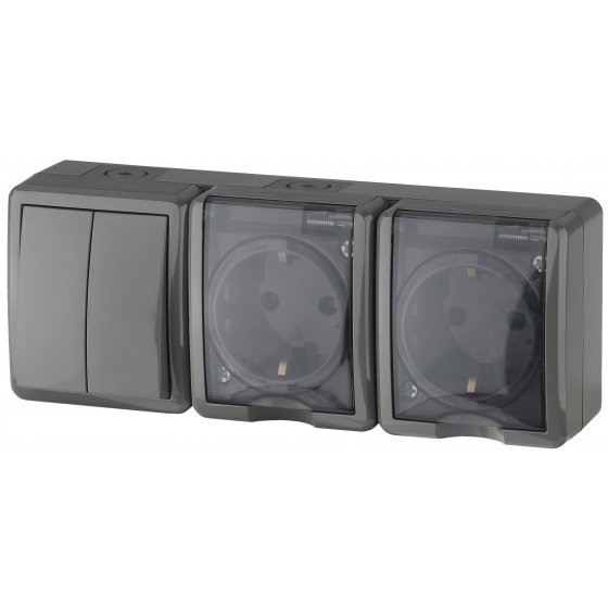 Фотография товара 'Эра Блок две розетки+выключатель двойной IP54, 16АХ(10AX)-250В, ОУ, Эра Эксперт, серый Б0027676'