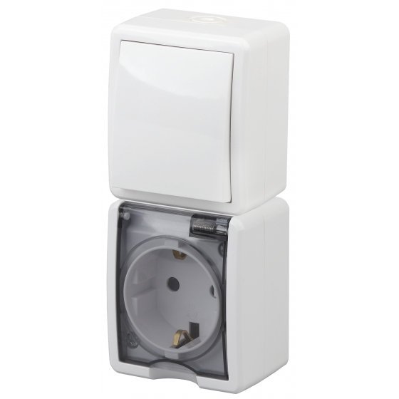 Фотография товара 'Эра Блок розетка+выключатель IP54, 16АХ(10AX)-250В, ОУ, Эра Эксперт, белый Б0036004'