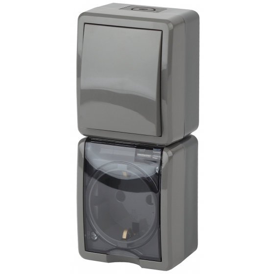 Фотография товара 'Эра Блок розетка+выключатель IP54, 16АХ(10AX)-250В, ОУ, Эра Эксперт, серый Б0036005'