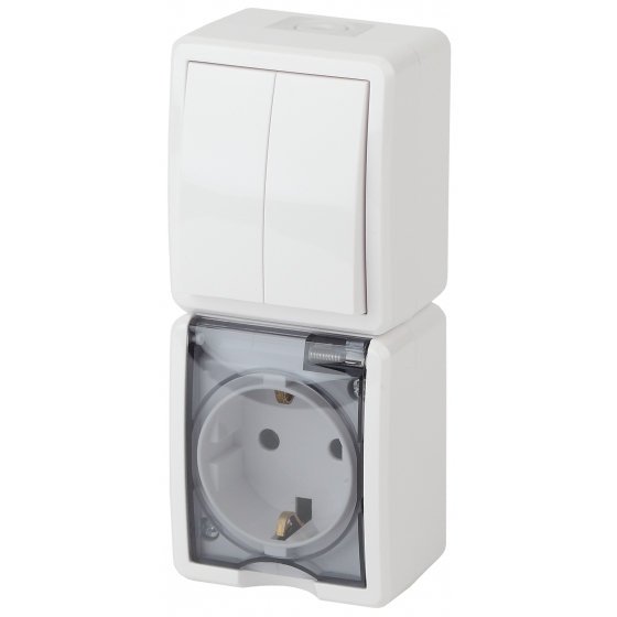 Фотография товара 'Эра Блок розетка+выключатель IP54, 16АХ(10AX)-250В, ОУ, Эра Эксперт, белый Б0036006'