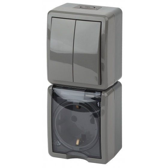 Фотография товара 'Эра Блок розетка+выключатель IP54, 16АХ(10AX)-250В, ОУ, Эра Эксперт, серый Б0036007'