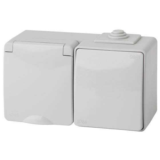 Фотография товара 'Эра Блок розетка+выкл. гориз. IP65, 16АХ(10AX)-250В, ОУ, Эра Эксперт, серый Б0035993'