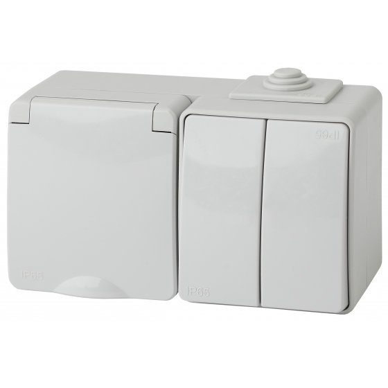 Фотография товара 'Эра Блок розетка+выкл. двойн. гориз. IP65, 16АХ(10AX)-250В, ОУ, Эра Эксперт, серый Б0035994'