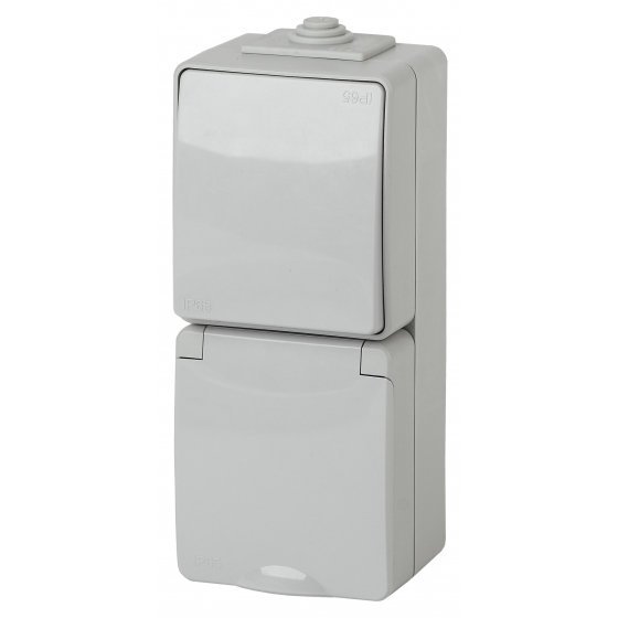 Фотография товара 'Эра Блок розетка+выкл. верт. IP65, 16АХ(10AX)-250В, ОУ, Эра Эксперт, серый Б0035998'