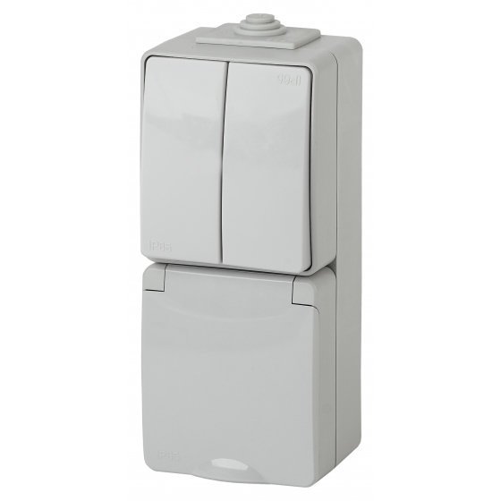 Фотография товара 'Эра Блок розетка+выкл. двойн. верт. IP65, 16АХ(10AX)-250В, ОУ, Эра Эксперт, серый Б0035999'