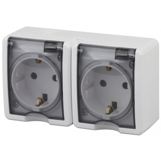 Фотография товара 'Эра Розетка 2х2P+E IP54, шторки, 16A-250В, ОУ, Эра Эксперт, Al+Cu, белый Б0038821'