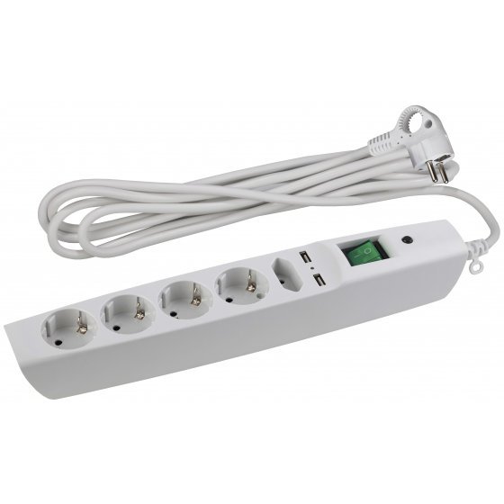 Фотография товара 'Эра Сет. фильтр SFU-5es-2m-W надеж. защита, с/з, с выкл, 5гн+2USB, 2м,, 10А, шторки C0043327'