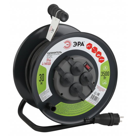 Фотография товара 'Эра Удлинитель силовой RMx-4es-3x2.5-30m-IP44(KG) на м. катушке c/з 4 гн 30м КГ 3х2.5 Б0043058'