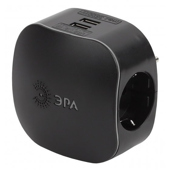 Фотография товара 'Эра Тройник SP-3e-USB-BLACK 3гн 220V + 2xUSB 2100mA, c заземл Б0046364'